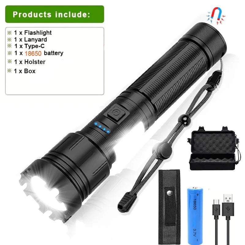 Genopladelig LED Lommelygte | 7 Lysindstillinger | Zoomfunktion & Magnetfod | Vandtæt Taktisk Lampe