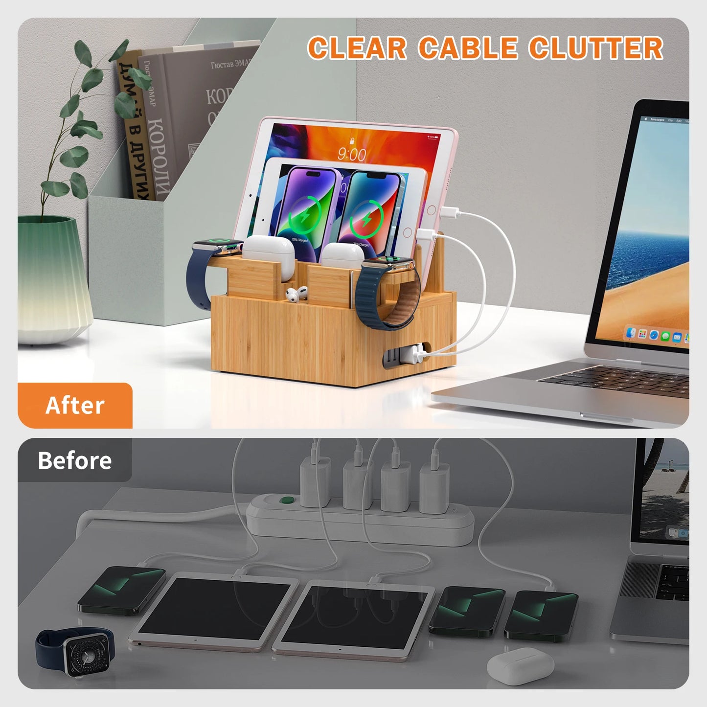 Bambus Lade- & Organizer Station | Dock til Flere Enheder | Inkl. 5 Kabler | Telefon & Tablet