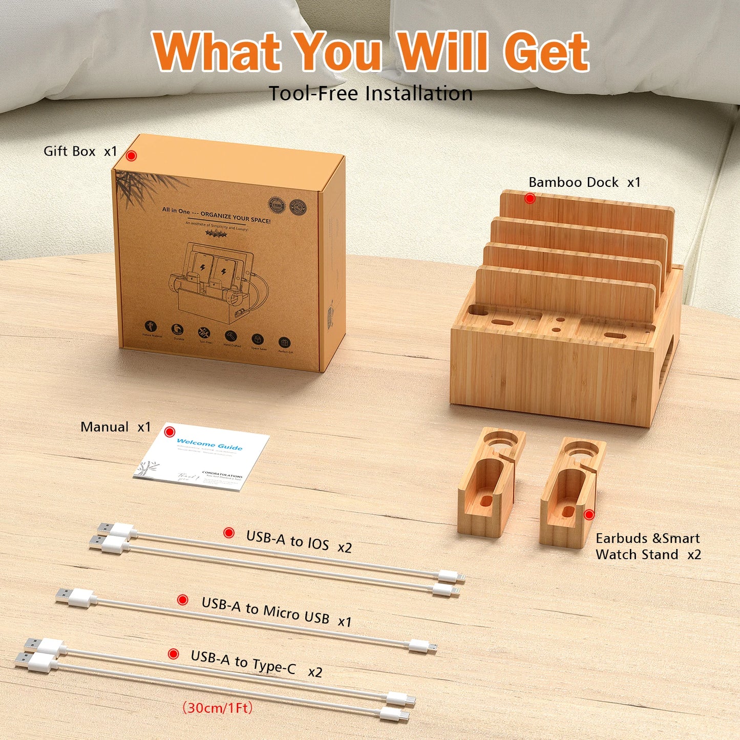 Bambus Lade- & Organizer Station | Dock til Flere Enheder | Inkl. 5 Kabler | Telefon & Tablet