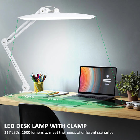 LED Arbejdslampe 2200 Lumen | Superklar Bordlampe m. Klemme | 4 Lysniveauer Dæmpbar