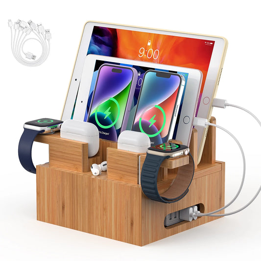 Bambus Lade- & Organizer Station | Dock til Flere Enheder | Inkl. 5 Kabler | Telefon & Tablet