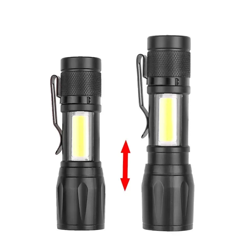 Mini LED Lommelygte | COB + XPE | 1000 LM | USB Genopladelig | Zoom & Penclip | Taktisk Outdoor Lys