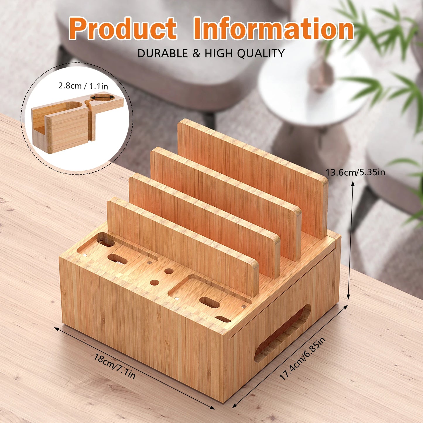 Bambus Lade- & Organizer Station | Dock til Flere Enheder | Inkl. 5 Kabler | Telefon & Tablet