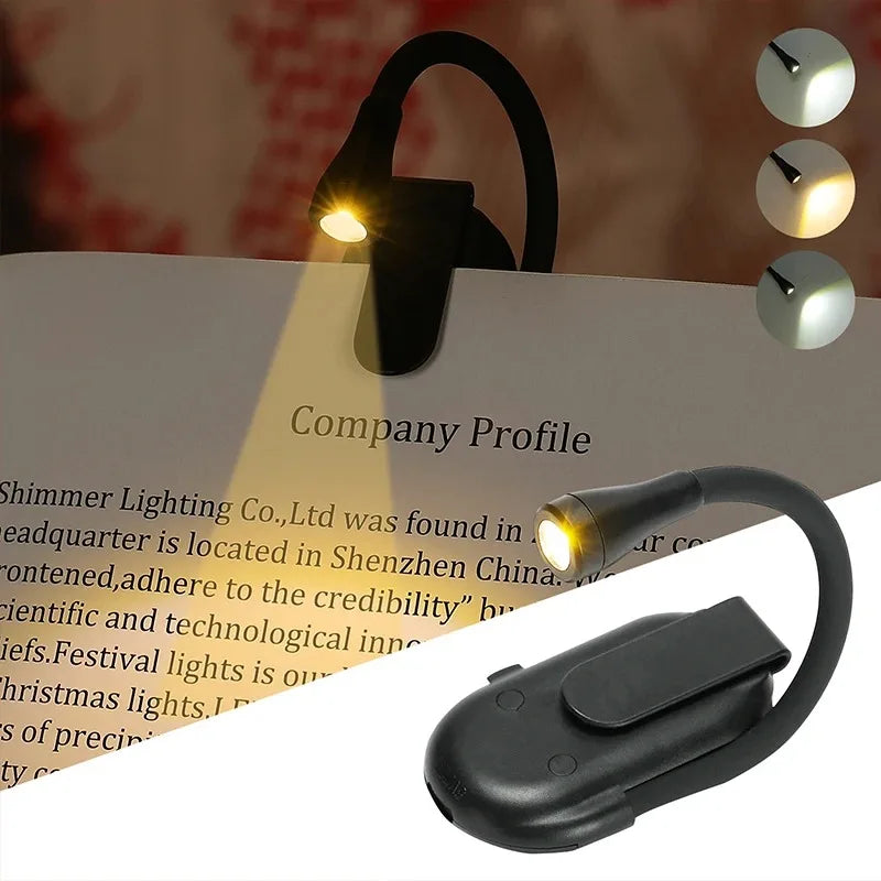 Bærbar LED Boglampe | Clip-on Læselampe | 3 Lysfarver & Dæmpbar | USB Opladning