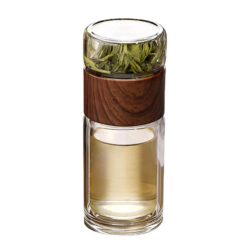 Højkvalitets dobbeltlags glas vandflaske med te-infuser & bæretaske