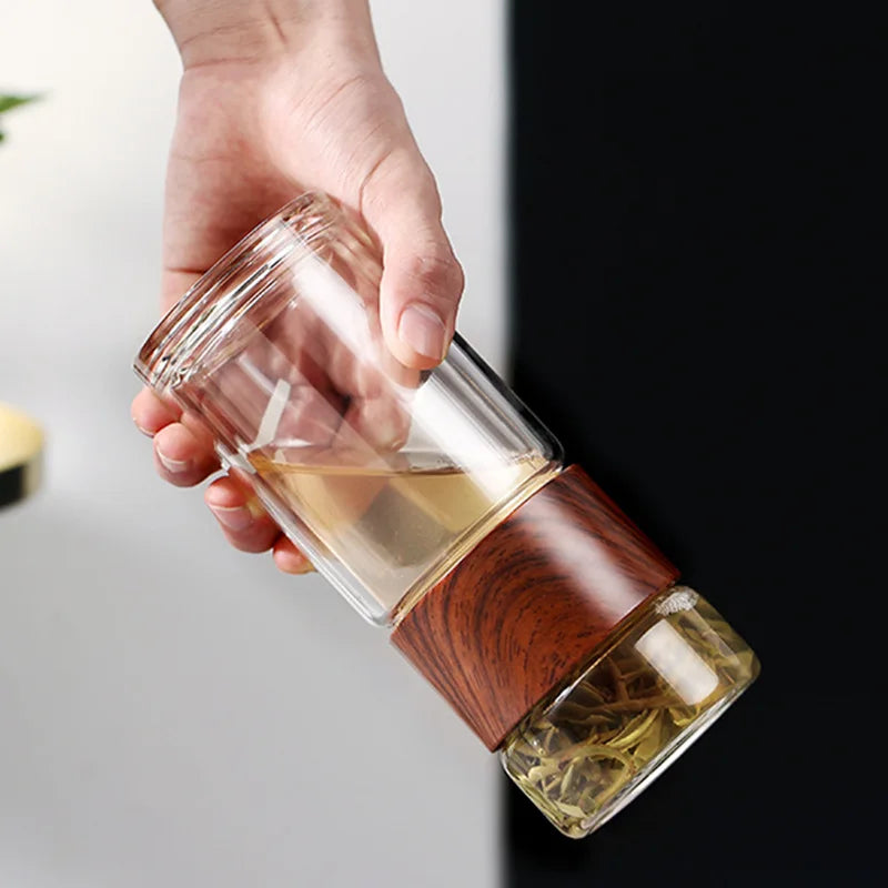 Højkvalitets dobbeltlags glas vandflaske med te-infuser & bæretaske
