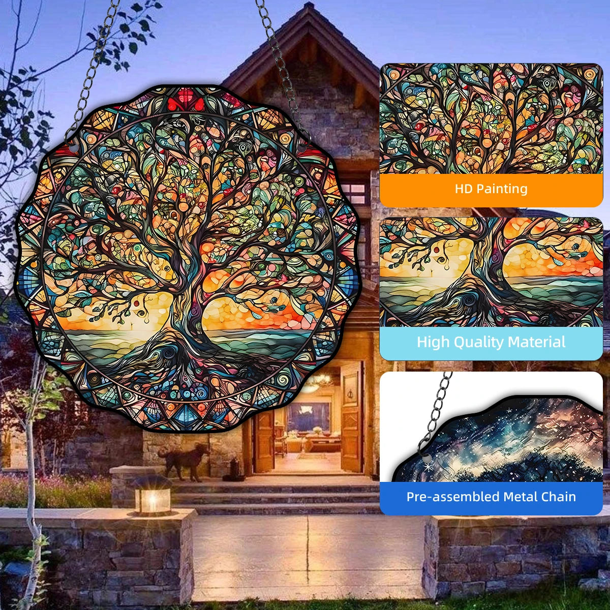Livets Træ Vægdekoration | Rundt Hængeskilt | Acryl Sol & Natur Design | Til Vindue, Væg & Have