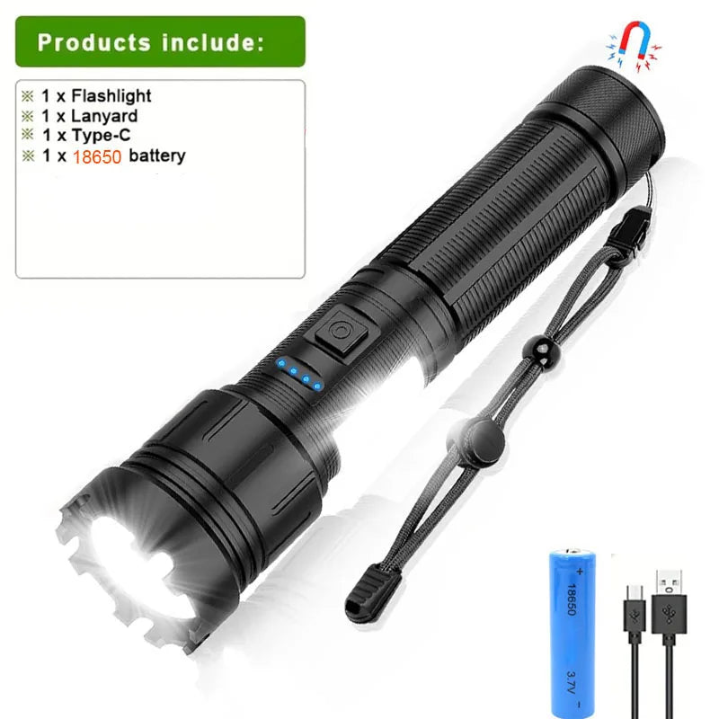 Genopladelig LED Lommelygte | 7 Lysindstillinger | Zoomfunktion & Magnetfod | Vandtæt Taktisk Lampe