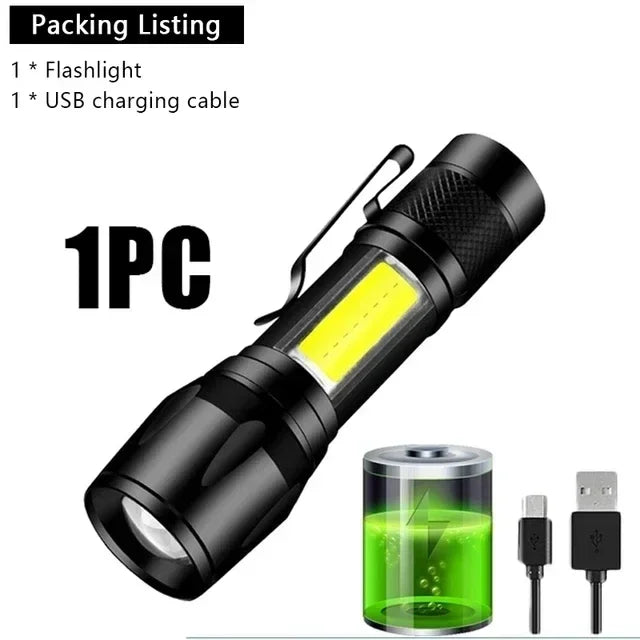Mini LED Lommelygte | COB + XPE | 1000 LM | USB Genopladelig | Zoom & Penclip | Taktisk Outdoor Lys