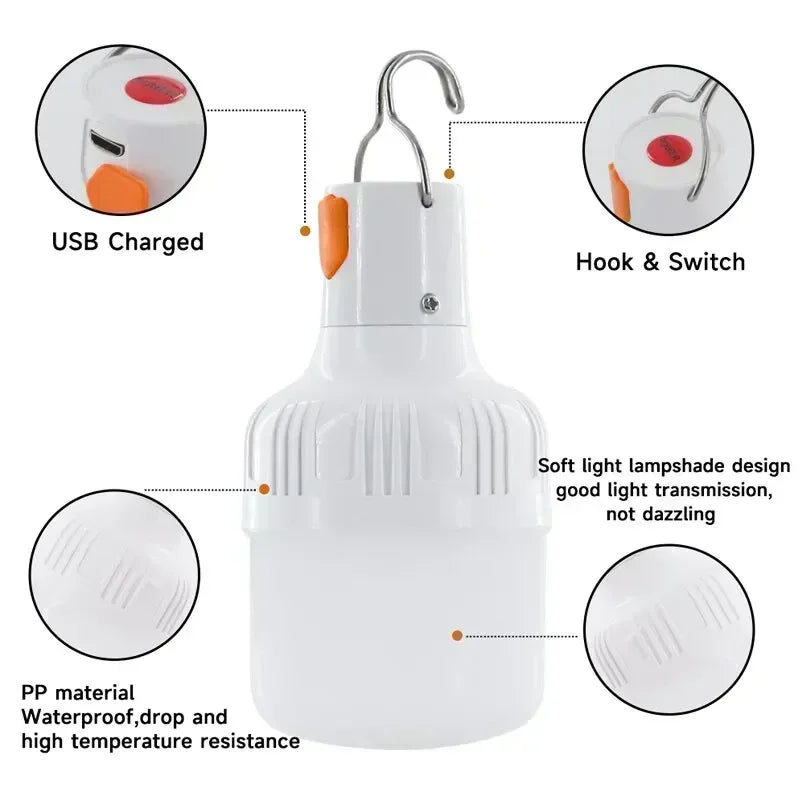 60W LED Nødlamp | USB Opladelig Campinglampe | Vandtæt & Bærbar Lanterne med 3 Lysindstillinger