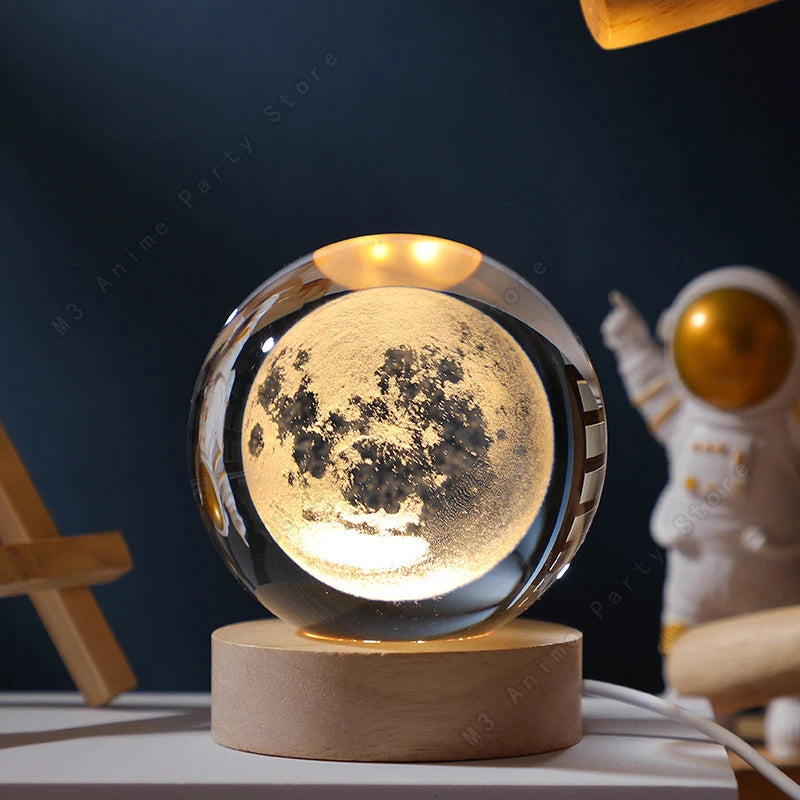 3D Krystalkugle Natlampe – Mini LED Bordlampe med Planeter & Galakse