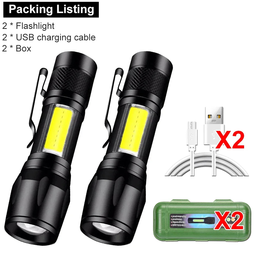 Mini LED Lommelygte | COB + XPE | 1000 LM | USB Genopladelig | Zoom & Penclip | Taktisk Outdoor Lys