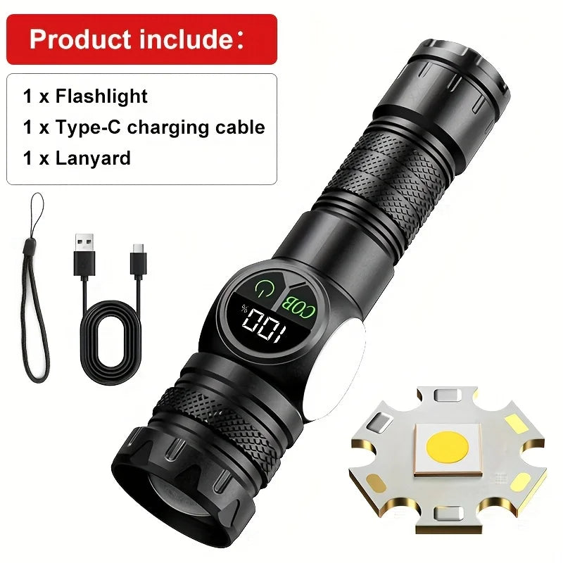 Kraftig LED Lommelygte | USB Genopladelig | Magnetfod & COB Sidelys | Zoom & Vandtæt Taktisk Lampe