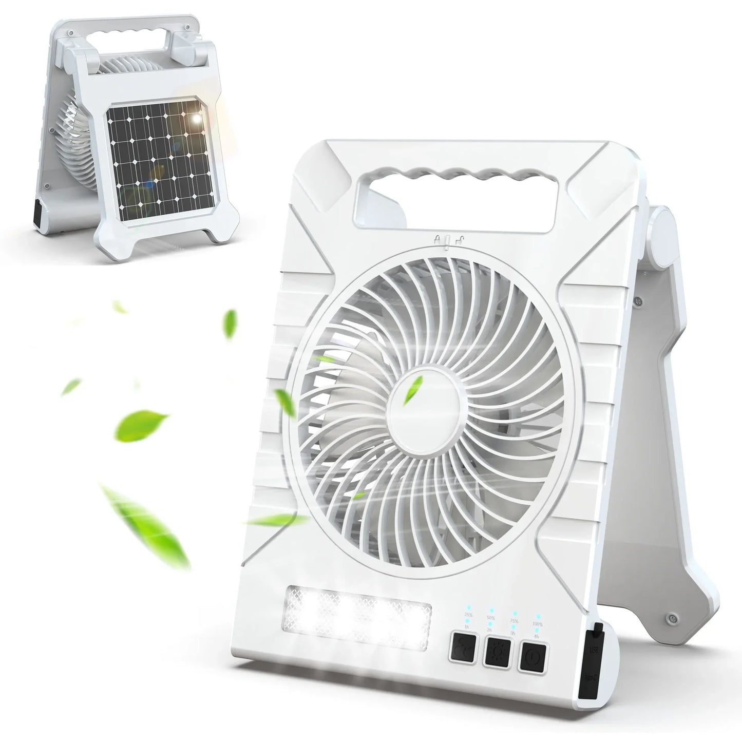 Solcelledrevet campingventilator | Foldbart solcellepanel og powerbank | Med LED-lys | Ultralet og bærbar