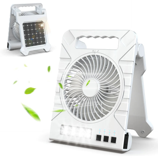 Solcelledrevet campingventilator | Foldbart solcellepanel og powerbank | Med LED-lys | Ultralet og bærbar