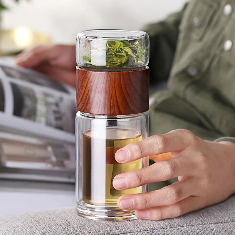 Højkvalitets dobbeltlags glas vandflaske med te-infuser & bæretaske