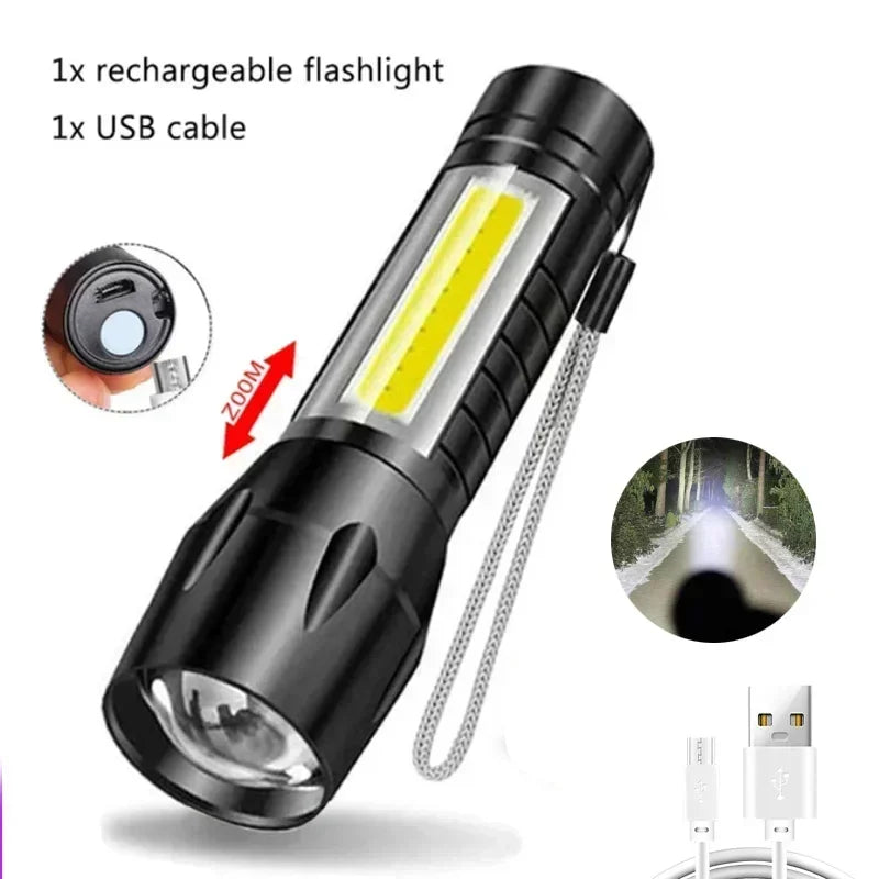 Mini LED Lommelygte | COB + XPE | 1000 LM | USB Genopladelig | Zoom & Penclip | Taktisk Outdoor Lys