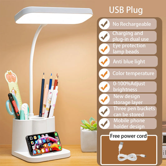USB LED Bordlampe | 3 Lysfarver | Øjenbeskyttelse & Touch Dæmpning | Multifunktionel Penholder