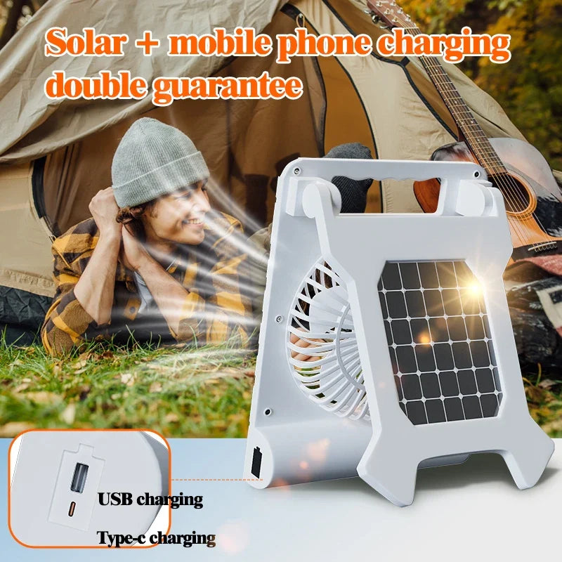 Solcelledrevet campingventilator | Foldbart solcellepanel og powerbank | Med LED-lys | Ultralet og bærbar