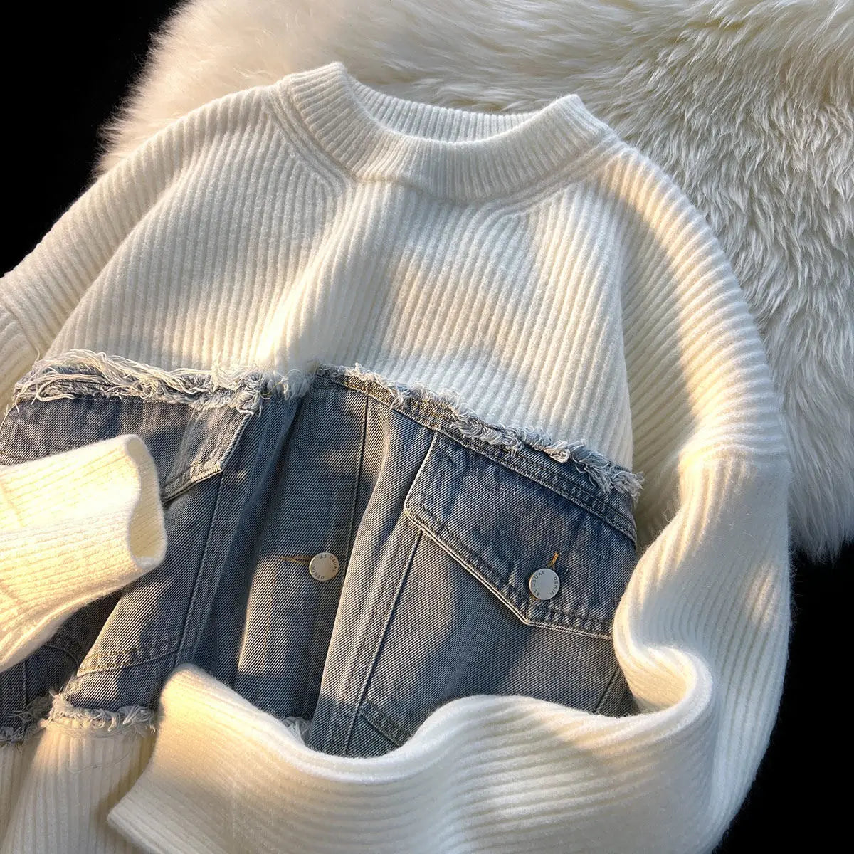 LuxeEssence - Denim patchwork trui | Elegance og holdbarhed i hver eneste fiber