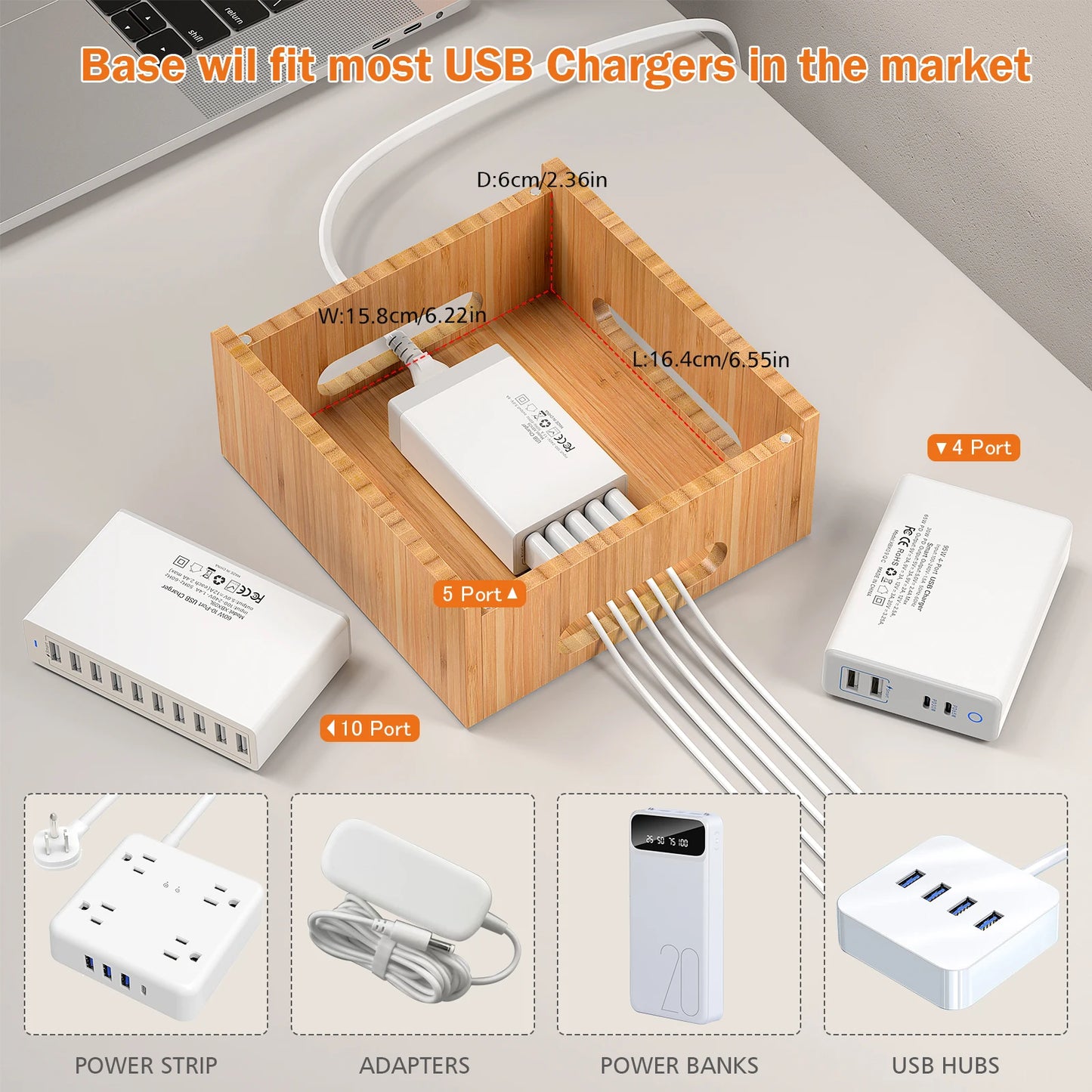 Bambus Lade- & Organizer Station | Dock til Flere Enheder | Inkl. 5 Kabler | Telefon & Tablet