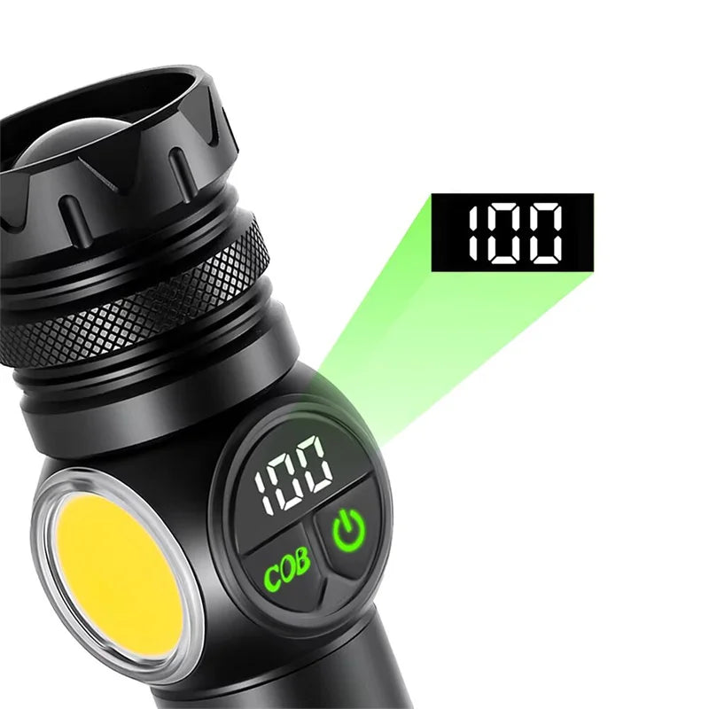 Kraftig LED Lommelygte | USB Genopladelig | Magnetfod & COB Sidelys | Zoom & Vandtæt Taktisk Lampe