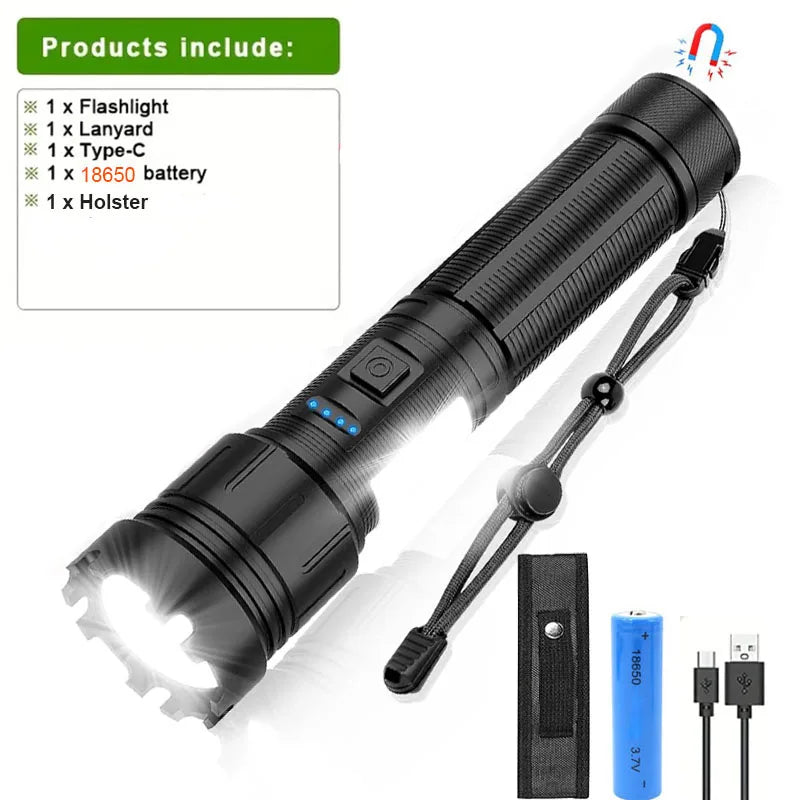 Genopladelig LED Lommelygte | 7 Lysindstillinger | Zoomfunktion & Magnetfod | Vandtæt Taktisk Lampe