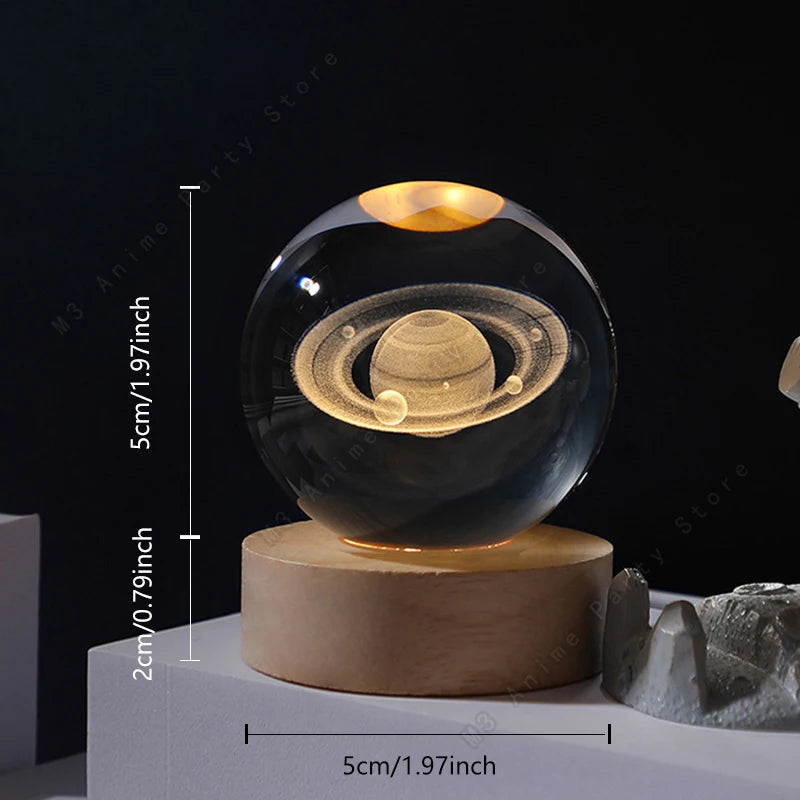 3D Krystalkugle Natlampe – Mini LED Bordlampe med Planeter & Galakse