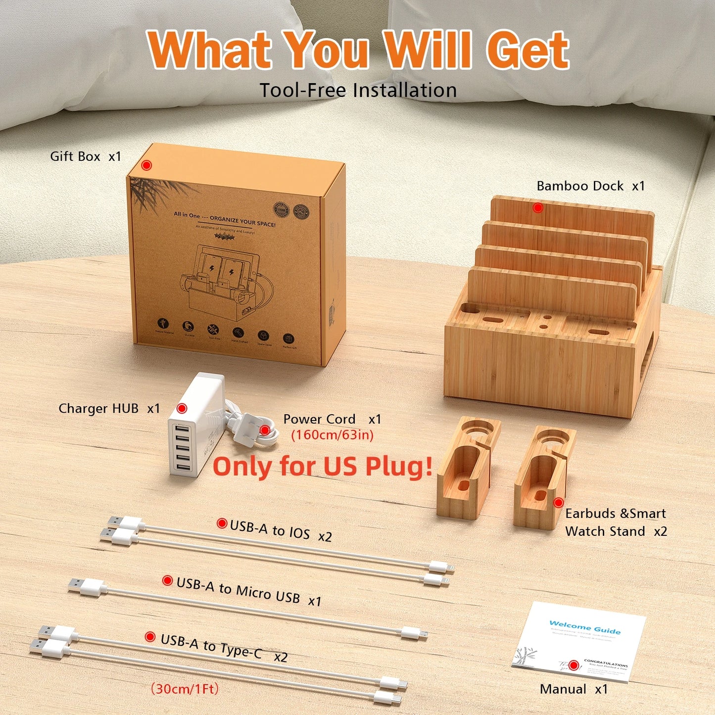 Bambus Lade- & Organizer Station | Dock til Flere Enheder | Inkl. 5 Kabler | Telefon & Tablet
