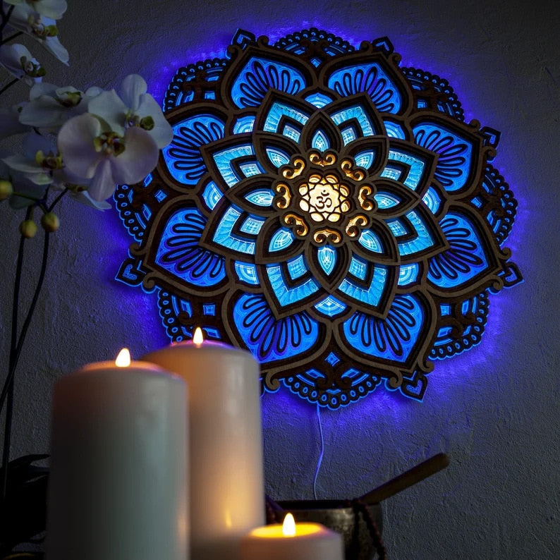 Mandala Lampe til Afslapning – LED Vægdekoration med Dæmpbar Lys, Ø30 cm, Håndlavet Træ, Energi Effektiv Indendørs Lampe-1