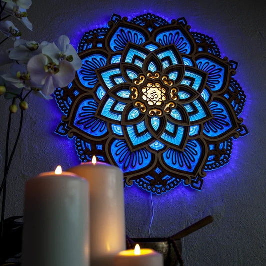Mandala Lampe til Afslapning – LED Vægdekoration med Dæmpbar Lys, Ø30 cm, Håndlavet Træ, Energi Effektiv Indendørs Lampe-1