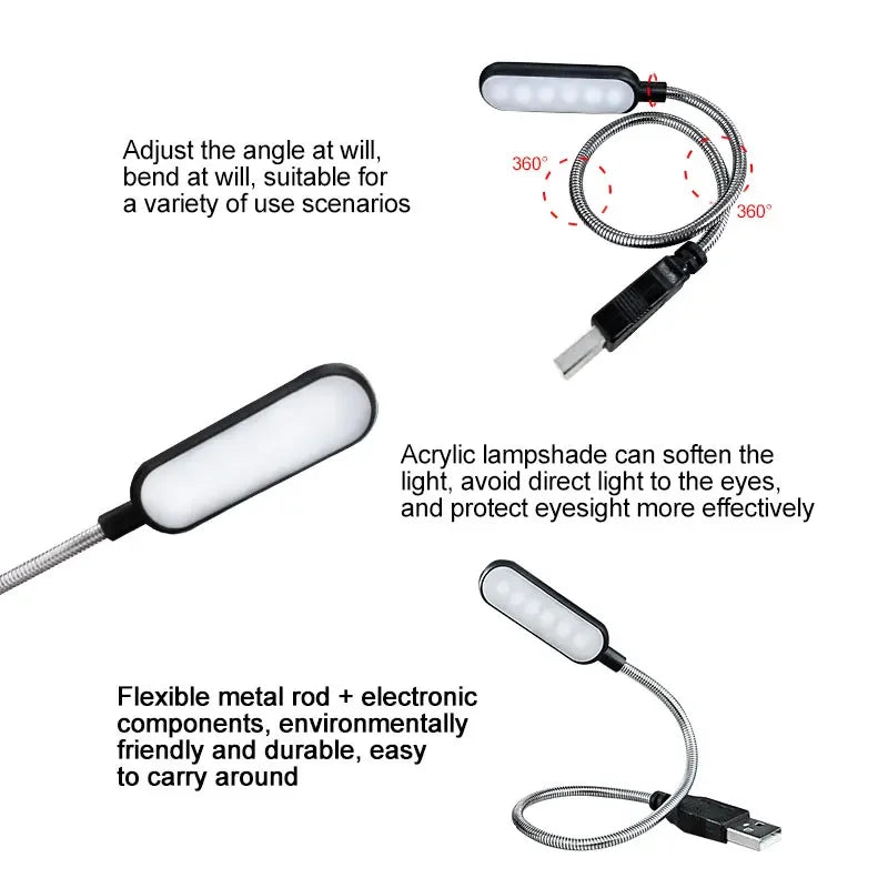 Mini USB LED Boglampe | Fleksibel & Bærbar | 6 LED Lys | Til Laptop & Powerbank