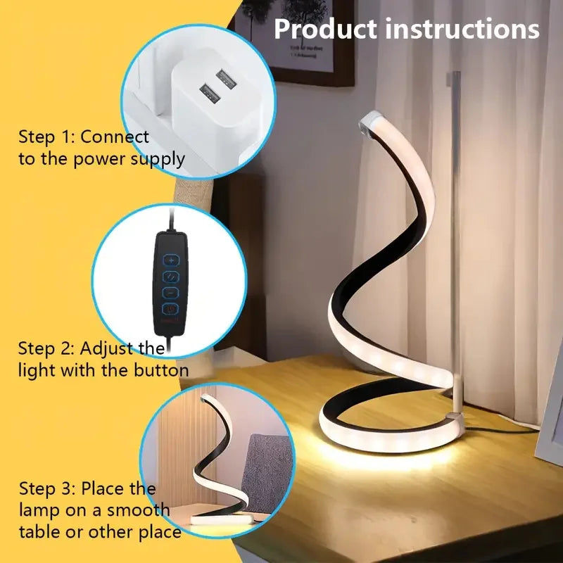 Spiralformet LED Bordlampe | USB Natbordslampe med 3 Lysfarver