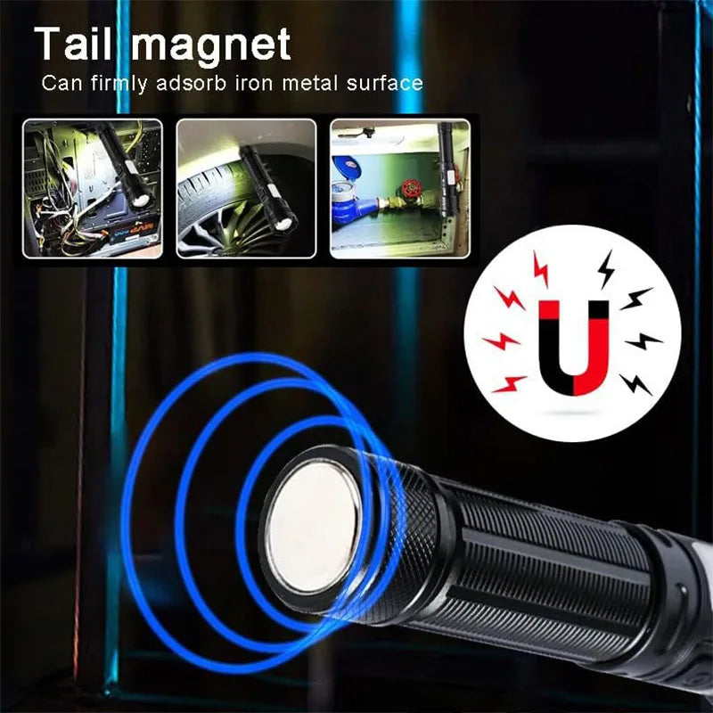 Genopladelig LED Lommelygte | 7 Lysindstillinger | Zoomfunktion & Magnetfod | Vandtæt Taktisk Lampe