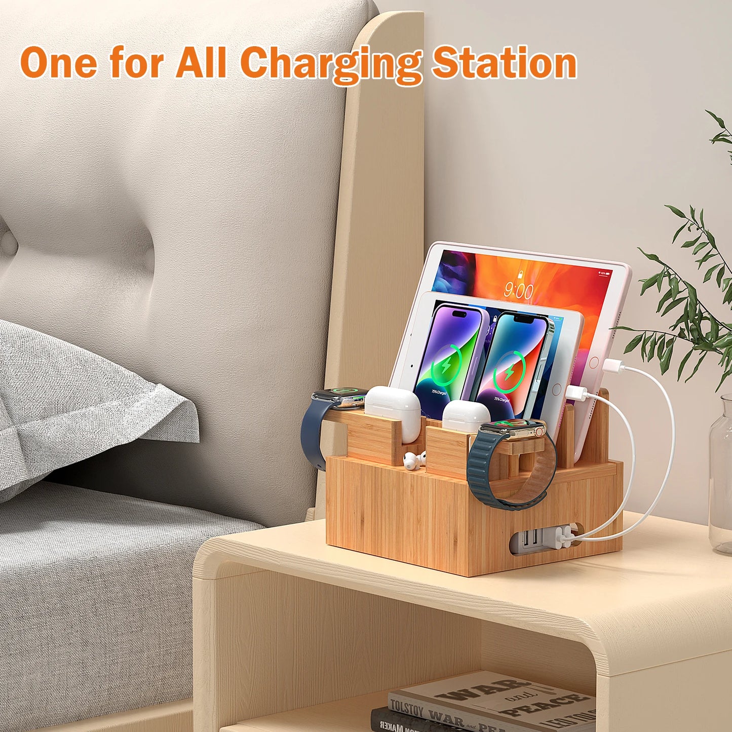 Bambus Lade- & Organizer Station | Dock til Flere Enheder | Inkl. 5 Kabler | Telefon & Tablet