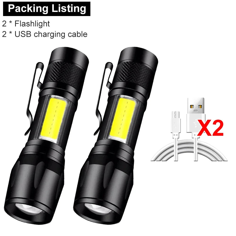 Mini LED Lommelygte | COB + XPE | 1000 LM | USB Genopladelig | Zoom & Penclip | Taktisk Outdoor Lys