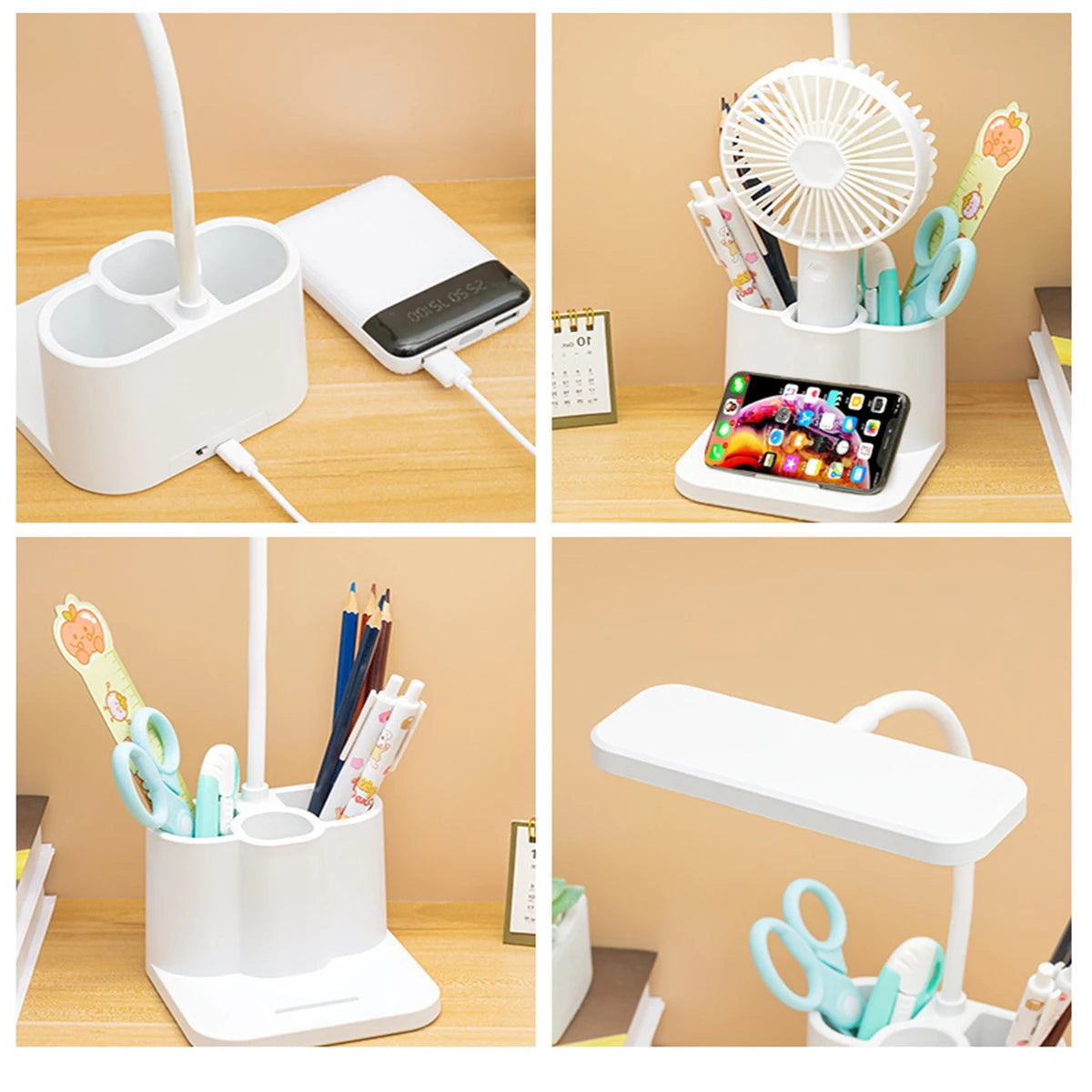 USB LED Bordlampe | 3 Lysfarver | Øjenbeskyttelse & Touch Dæmpning | Multifunktionel Penholder