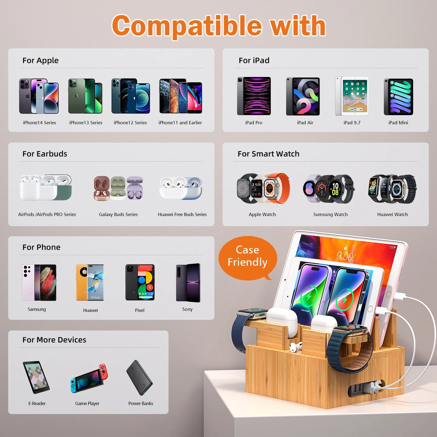Bambus Lade- & Organizer Station | Dock til Flere Enheder | Inkl. 5 Kabler | Telefon & Tablet