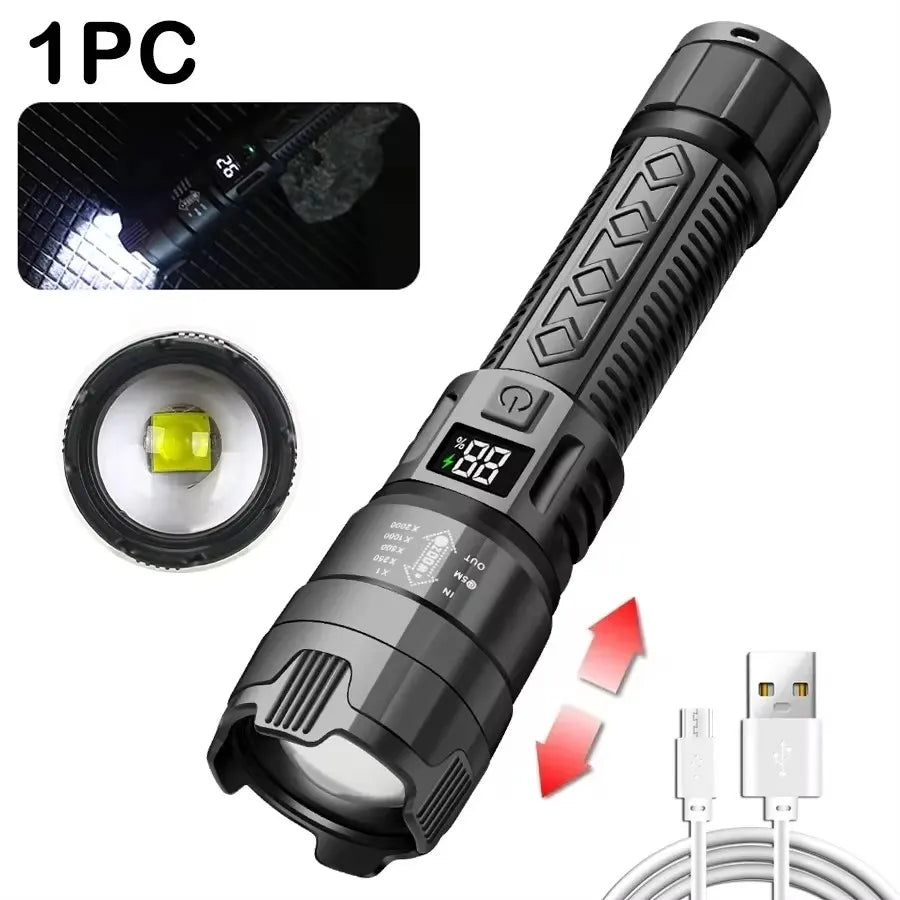 Super Bright LED Lommelygte | 1.600.000 LM | USB Genopladelig | Vandtæt & Lang Rækkevidde | Taktisk Lanterne til Outdoor