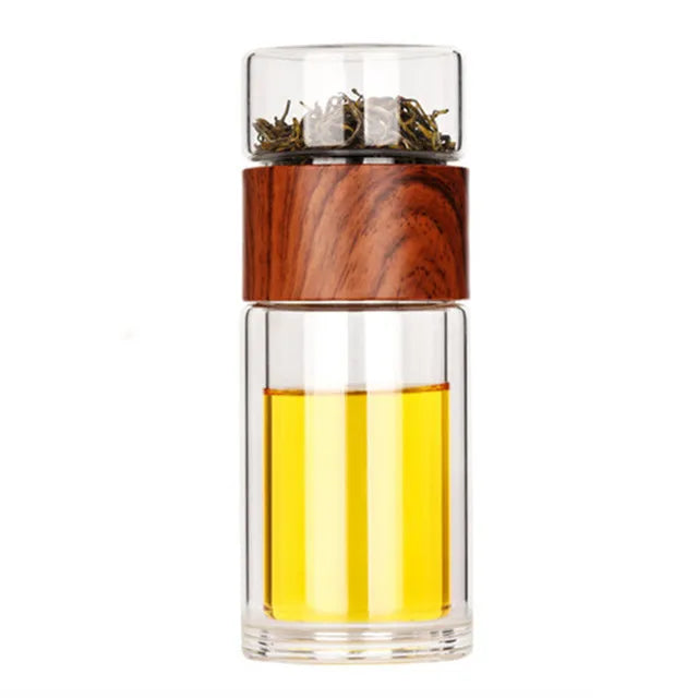 Højkvalitets dobbeltlags glas vandflaske med te-infuser & bæretaske