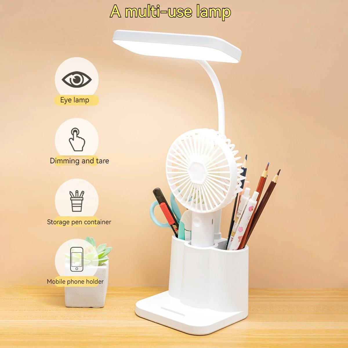 USB LED Bordlampe | 3 Lysfarver | Øjenbeskyttelse & Touch Dæmpning | Multifunktionel Penholder