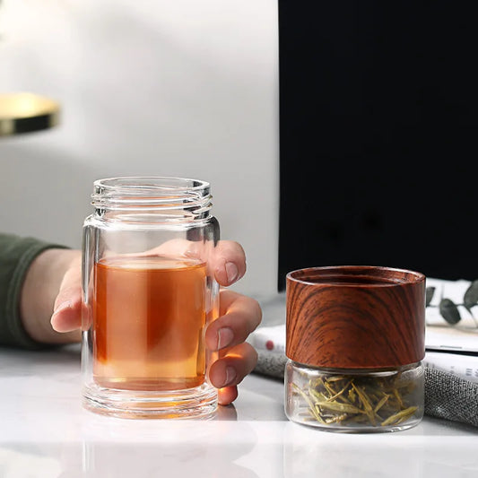 Højkvalitets dobbeltlags glas vandflaske med te-infuser & bæretaske