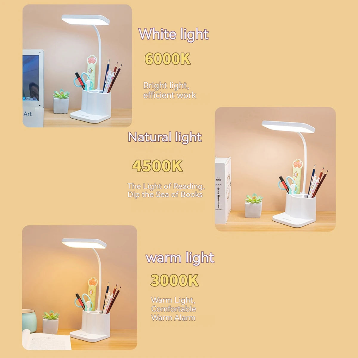USB LED Bordlampe | 3 Lysfarver | Øjenbeskyttelse & Touch Dæmpning | Multifunktionel Penholder