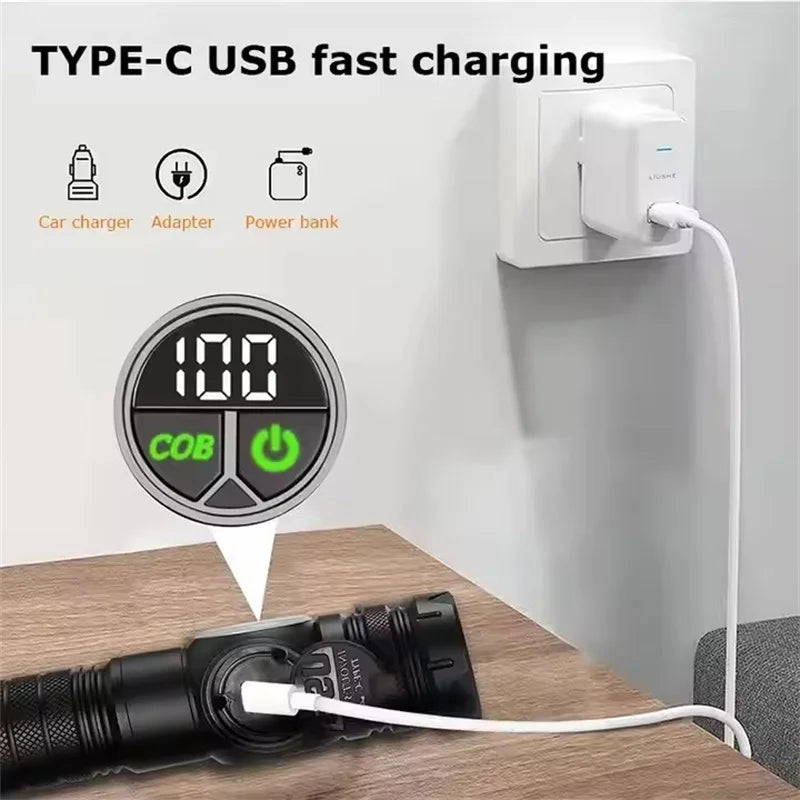 Kraftig LED Lommelygte | USB Genopladelig | Magnetfod & COB Sidelys | Zoom & Vandtæt Taktisk Lampe