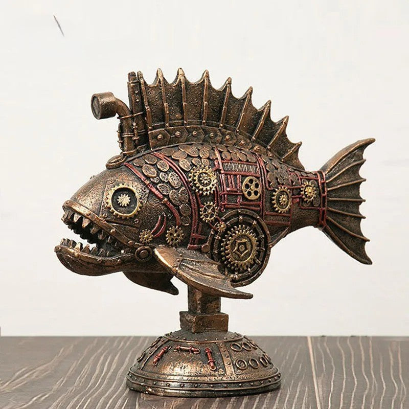 GearFin - Steampunk mekanisk sortfisk-figur