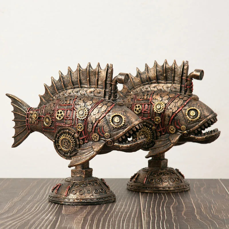 GearFin - Steampunk mekanisk sortfisk-figur