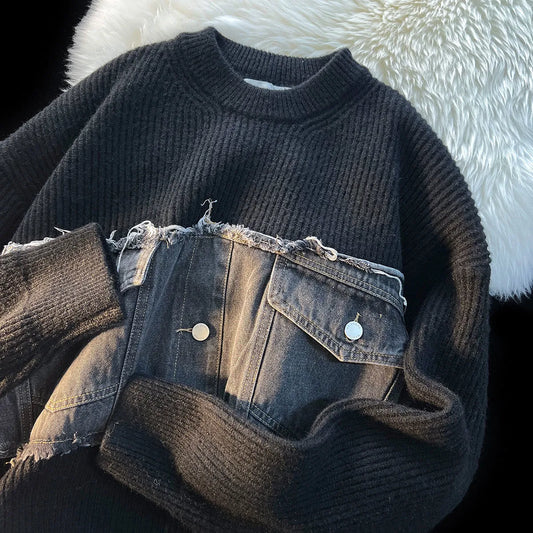 LuxeEssence - Denim patchwork trui | Elegance og holdbarhed i hver eneste fiber
