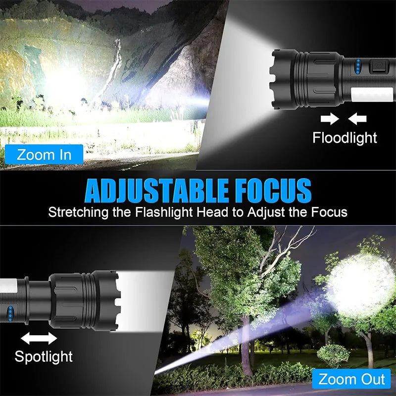 Genopladelig LED Lommelygte | 7 Lysindstillinger | Zoomfunktion & Magnetfod | Vandtæt Taktisk Lampe