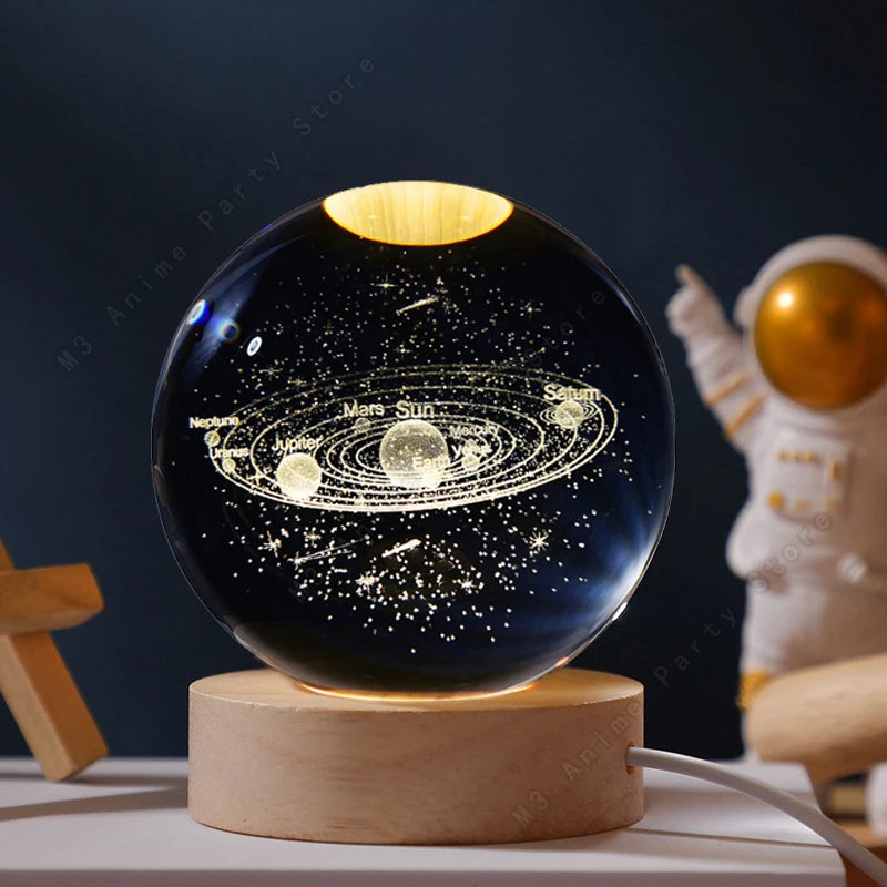 3D Krystalkugle Natlampe – Mini LED Bordlampe med Planeter & Galakse