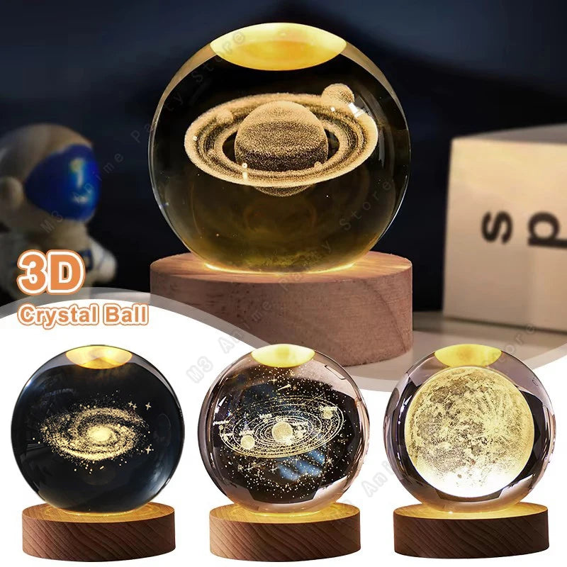 3D Krystalkugle Natlampe – Mini LED Bordlampe med Planeter & Galakse